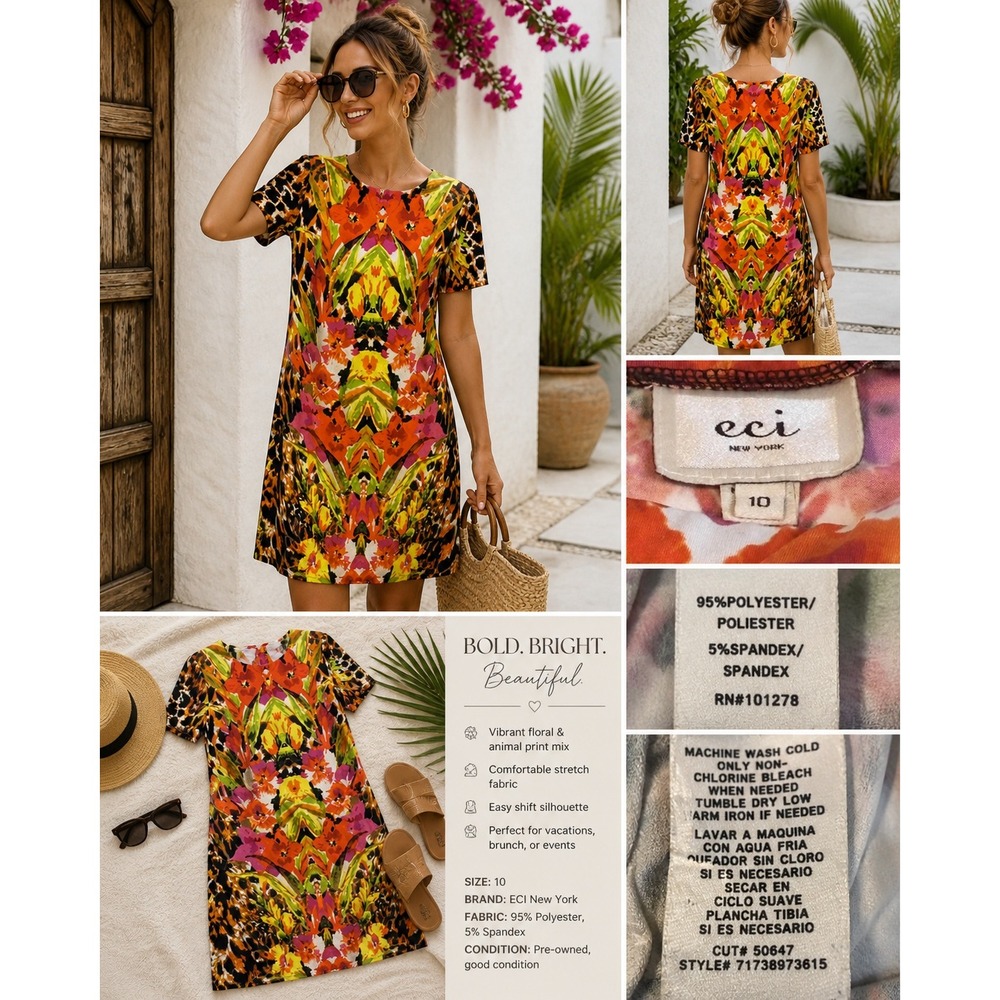 Colorful Floral Animal Print Dress Size 10‎ Statement Resort Vacation Style